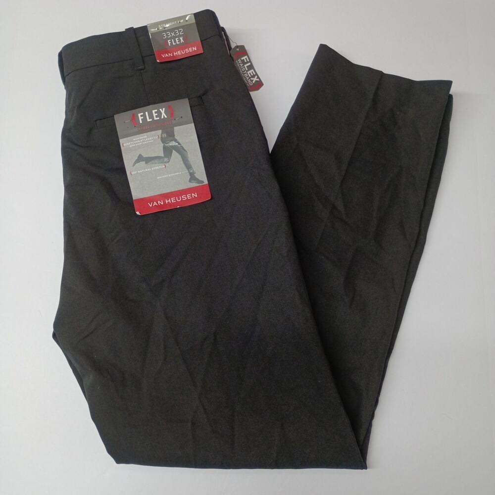 Van Heusen Dress Pants Men's 33x32 Black Flat Front‎ Slacks Washable Preppy NWT